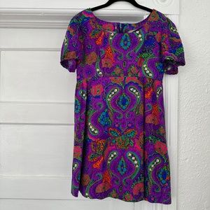 vintage handmade a-line dress purple green pink paisley